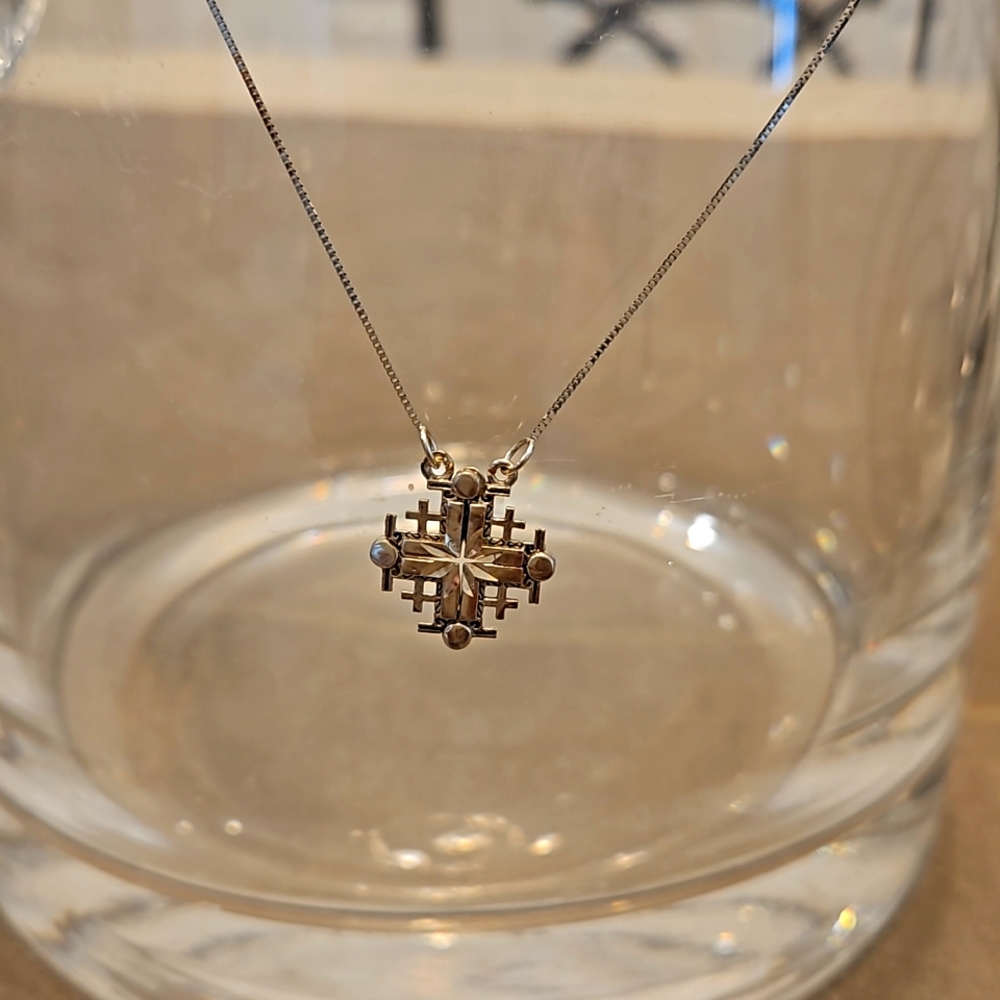 Jerusalem white gold two way cross necklace